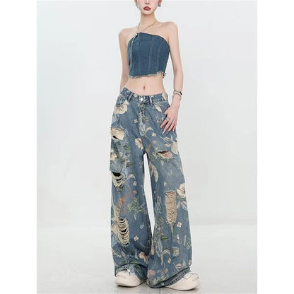 Y2K Women's Vintage Floral Print Distressed Wide Leg Jeans With Buckle Belt Streetwear Casual Denim Pants