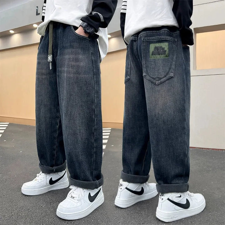 Kids Autumn Winter Fleece-lined Warm Denim Pants 5-14 Years Boys Fashion Letters Straight Loose Jeans Casual Sports Trousers