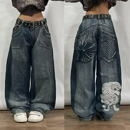 Y2K Street New Skull Embroidered Jeans American Fashion Trendy Retro Pants Men Hip Hop Gothic Harajuku Punk Loose Wide Leg Pants