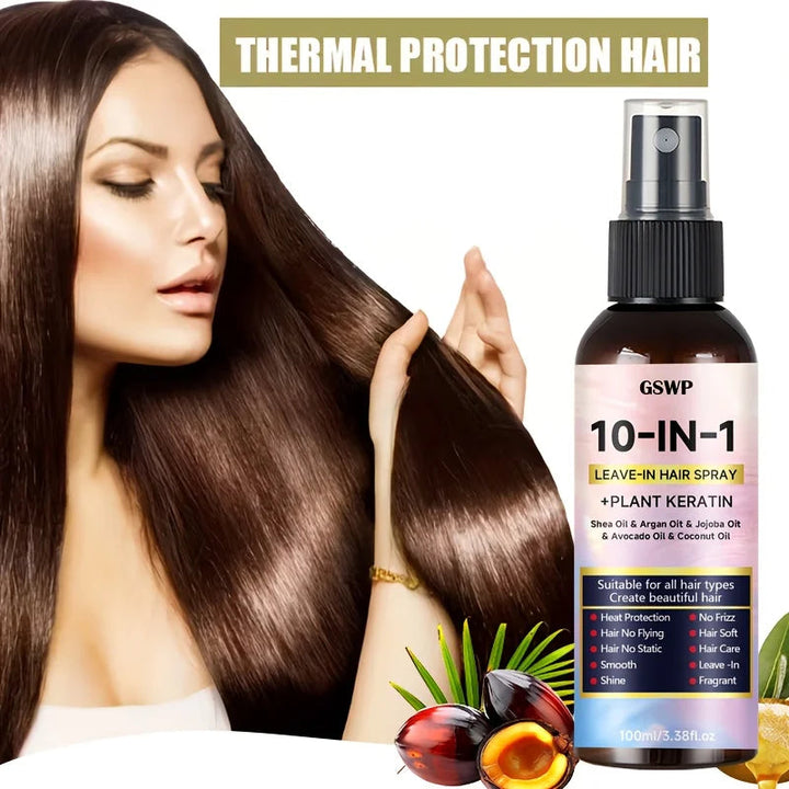 GSWP 10-in-1 Leave-in Hair Spray contains Moroccan argan oil and castor oil, providing heat protection and deep moisturization. Halalzen