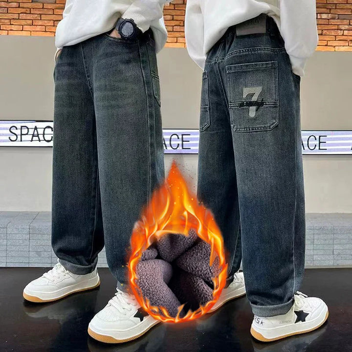 Boys Plush Warm Jeans Autumn Winter Kids Fashion Embroidered Letter Denim Pants Casual Loose Straight Trousers for 5-14 Years