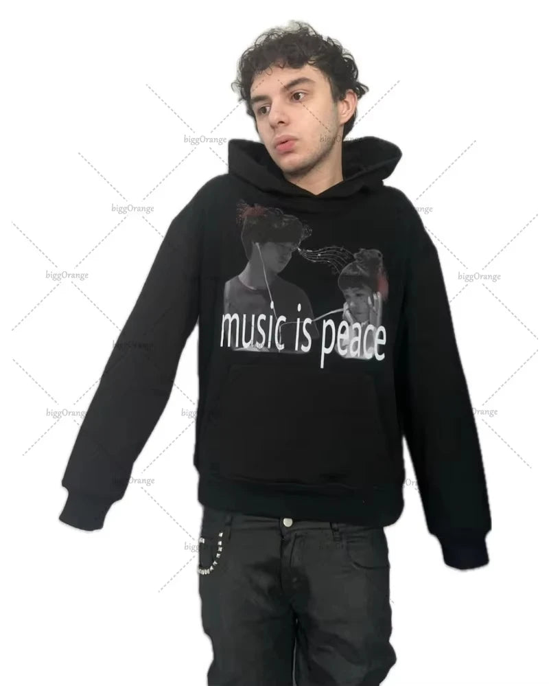 Retro Letter Casual Oversized Black Hoodie Men 2025 American Street Hip-hop Harajuku Y2K Fashion Loose Sweatshirt Women