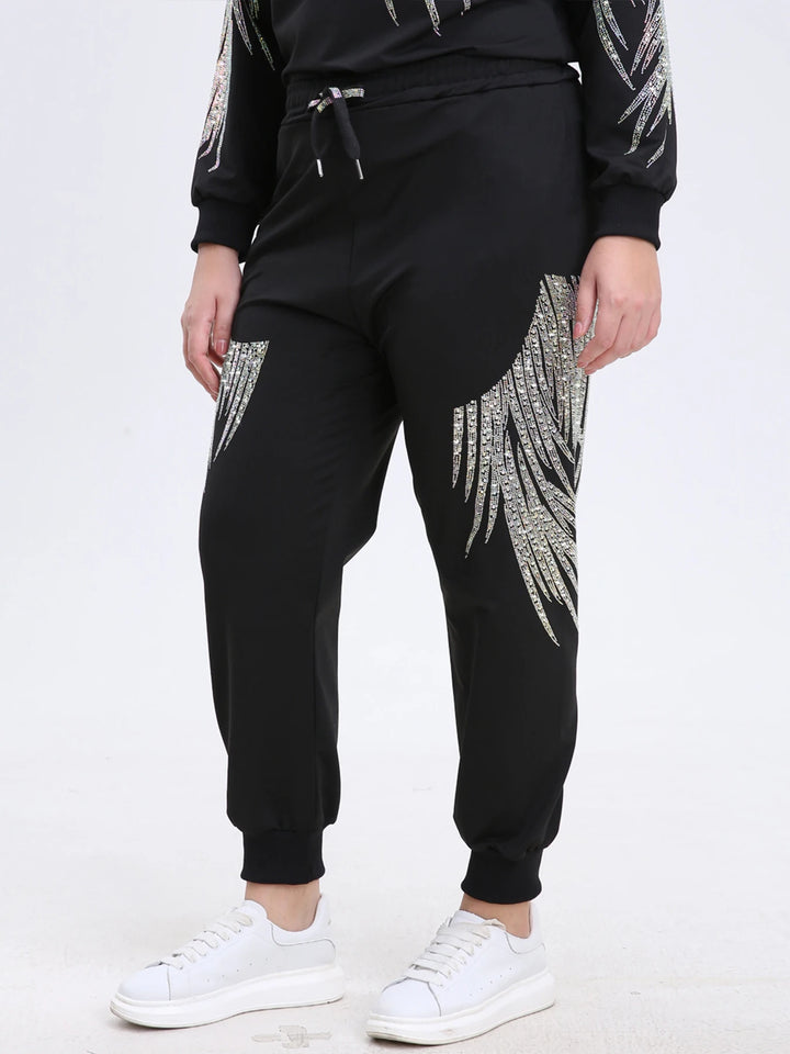 Jogginghose in Übergröße für Damen, Kordelzug, Strassgrafik, hoher Bund, Taschen, elastischer Bund, lässig