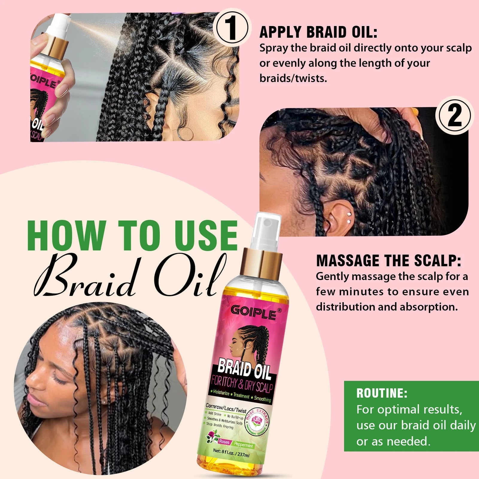 GOIPLE Natural Rose Extract Braid Oil For Itchy Dry Scalp Cornrow Locs Twist Add Shine Smoothes Moisturizes Hair Care Oil Halalzen