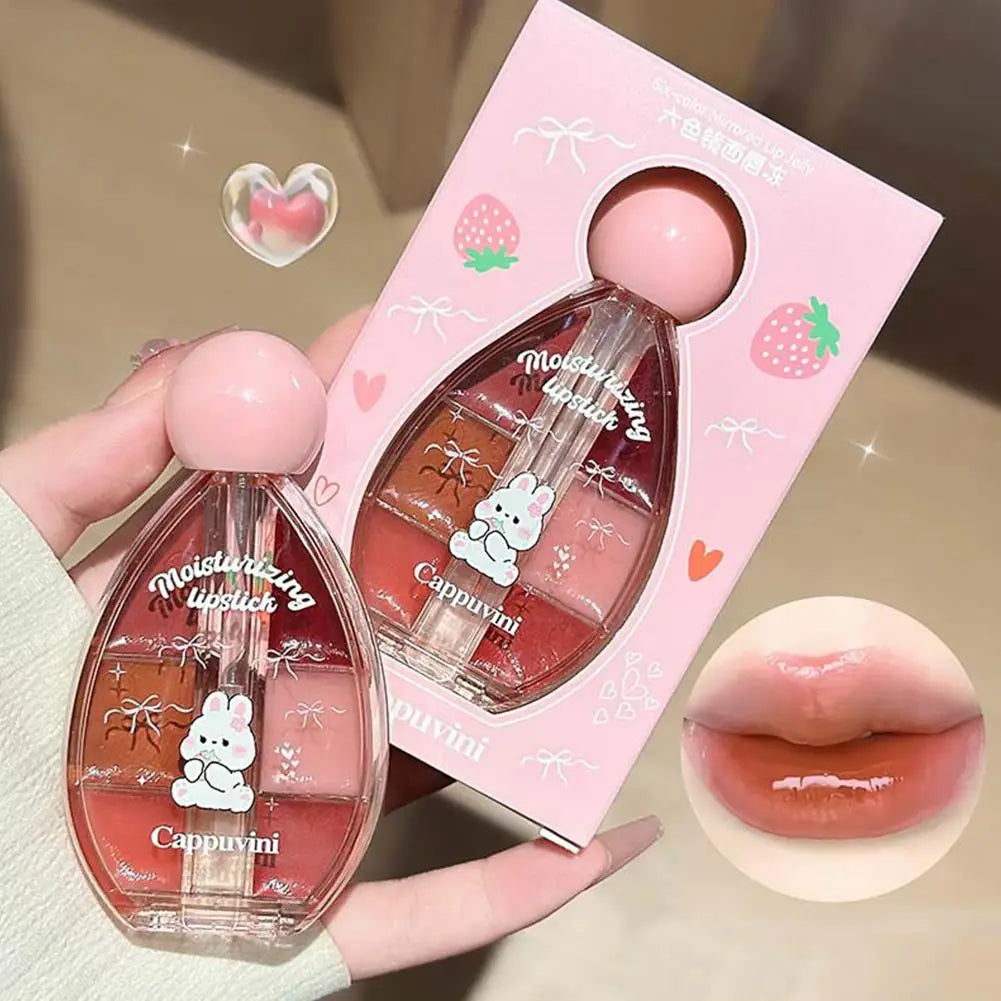 1/2PCS Six-color Strawberry Mirror Jelly Lipstick Palette Juicy Pink Solid Lip Gloss Set Moisturizing Lip Oil Tint with Silicone