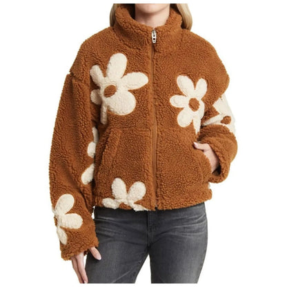 Womens Floral Fleece Jackets Winter Zipper Cropped Coat Casual Long Sleeve Outwear With Pockets Cute Plush Jacket For Women