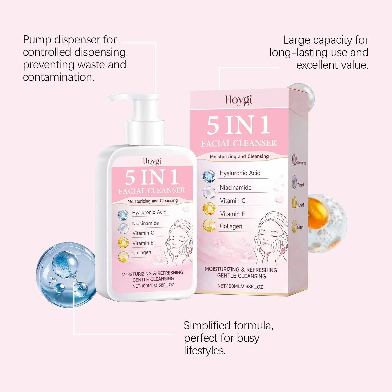 5-in-1 Moisturizing Cleanser - Rich Foam Light Texture Mild Non-Irritating Daily Gentle Hydrating Facial Cleansing Cream Halalzen