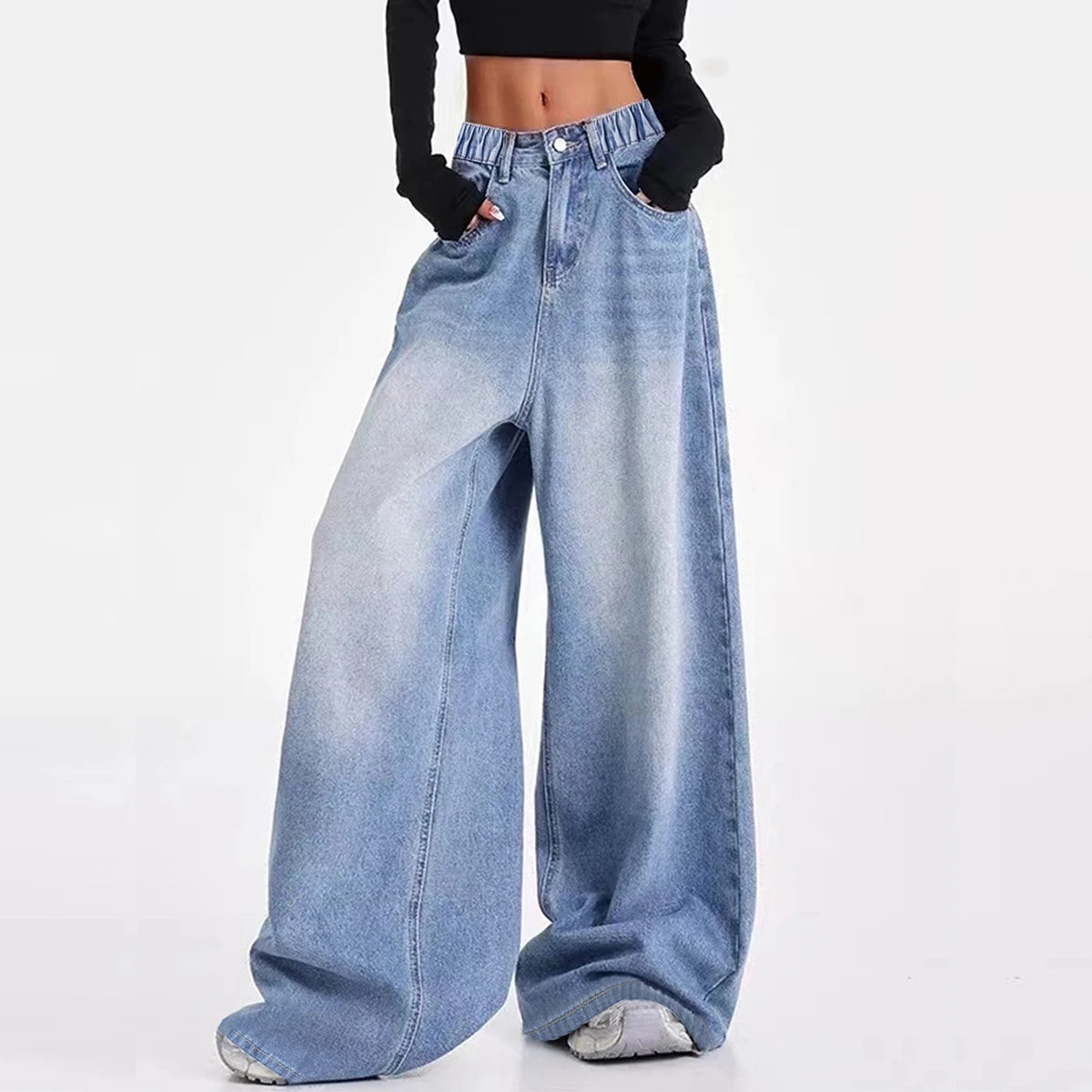 Vintage-washed blue American-style wide-leg straight-leg jeans for tween/teen girls – loose-fit, high-street casual long-length