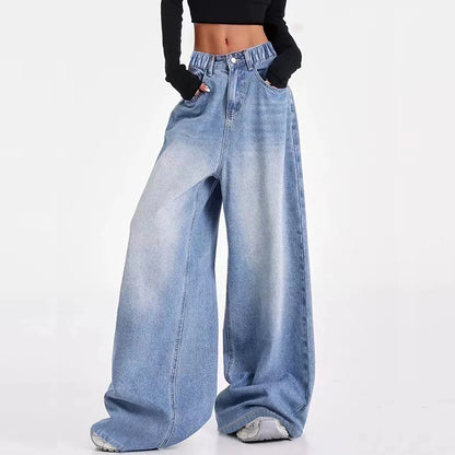 Vintage-washed blue American-style wide-leg straight-leg jeans for tween/teen girls – loose-fit, high-street casual long-length
