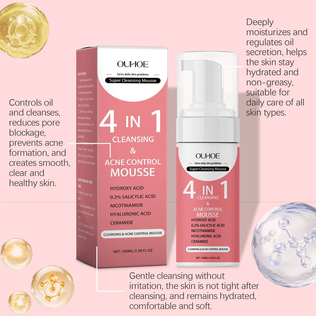 Facial Cleanser Mousse Moisturizing Oil Control Removing Acne Blackhead Exfoliation Firming Brightening Hydrating Foam Face Care Halalzen
