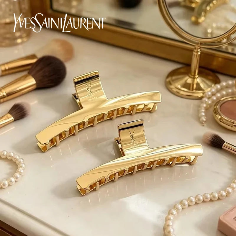 YSL Saint Laurent Hair Barrette Gold Metal Clip, Made in France French Luxury Original Box Hair Accessory Gift for Women Girls