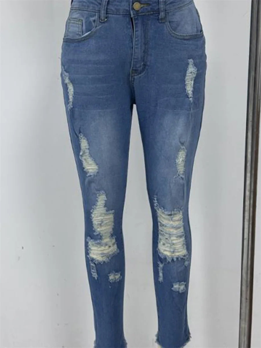 Ladies High Waist Skinny Jeans Stretch Ripped Denim Pants Distressed Cropped Trousers Casual Streetwear Fashion