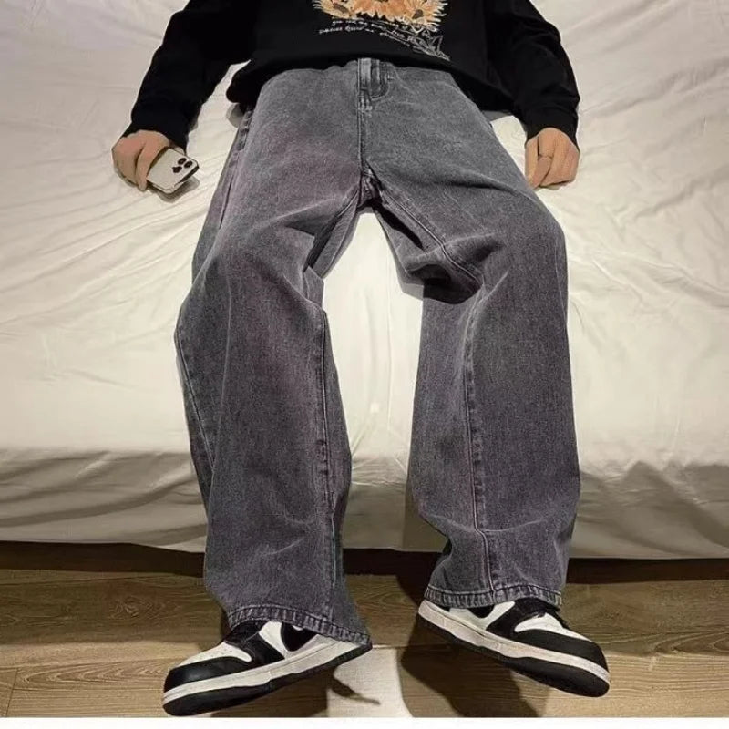 Men's Winter Fleece Loose Jeans  Elastic Waist Wide Leg Y2K Denim Pants Straight Comfortable Brand Men's Clothing HALALZEN