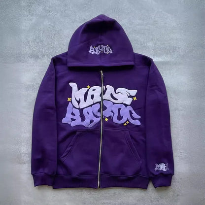 American retro star and letter printed zipper hoodie for men and women Y2K Spring and Autumn cardigan jacket