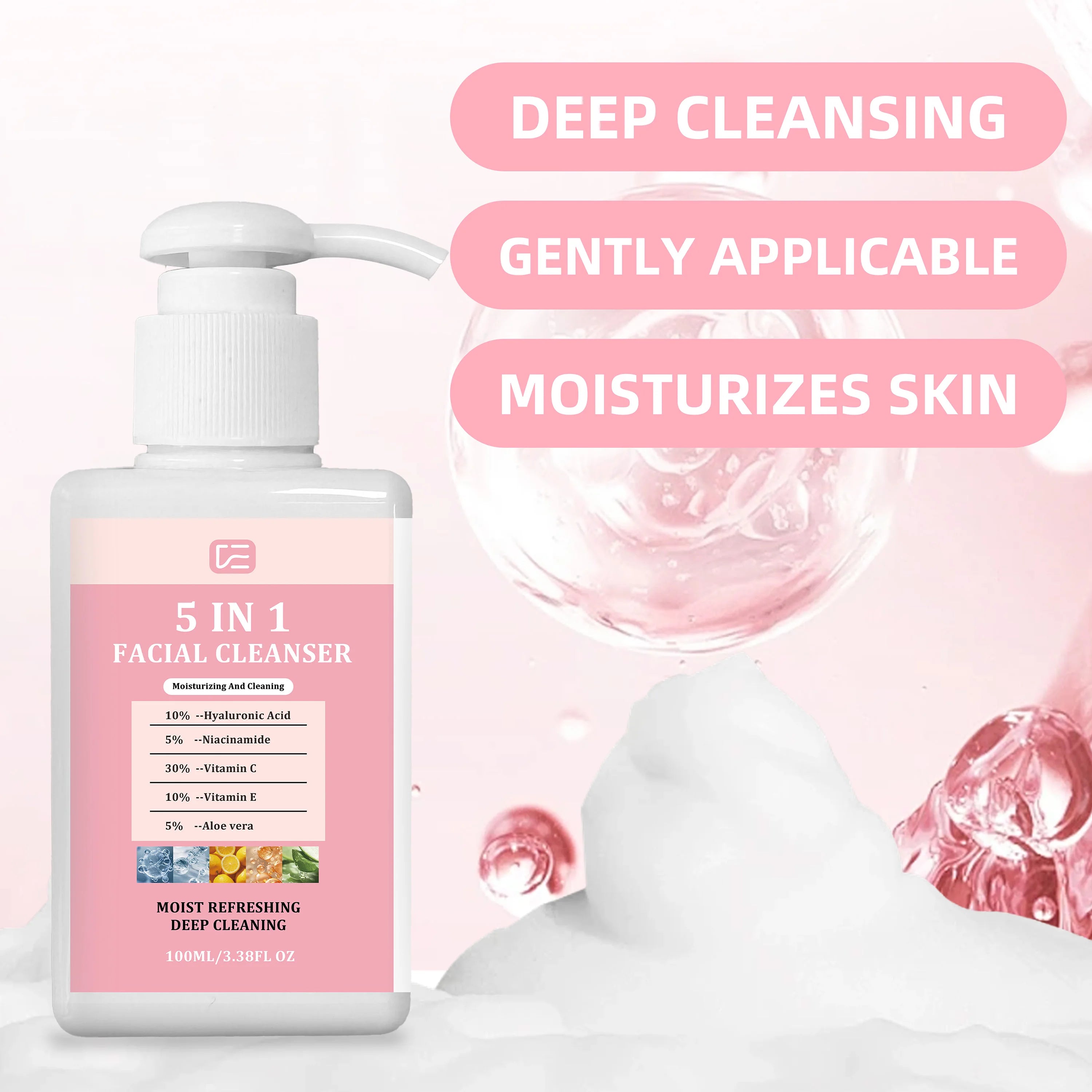 5-IN-1 Facial Cleanser 100ML/3.38FL OZ Gentle Non-Drying Hydrating Wash Normal/Oily/Combination Skin Face Lip Eye Makeup Remover