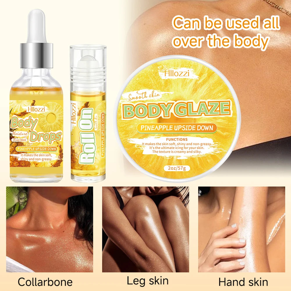 The pineapple body oil and glaze set includes a free rollerball applicator for long-lasting hydration, moisturizing,