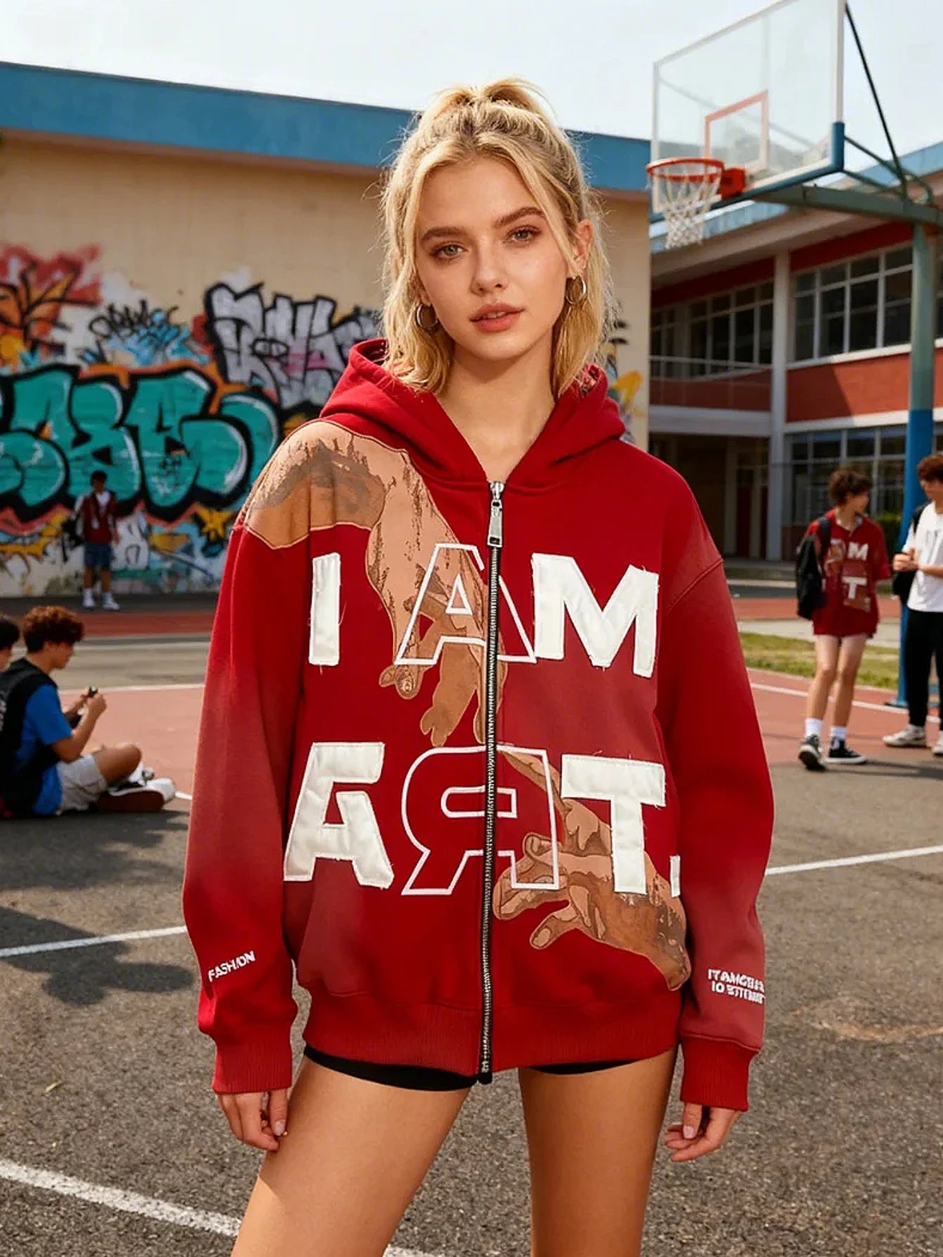 Y2K Fall Jackets for Women Oversize Letter Pattern Zip Up Hoodie Street Hip-hop Style Red Casual Jacket Unisex