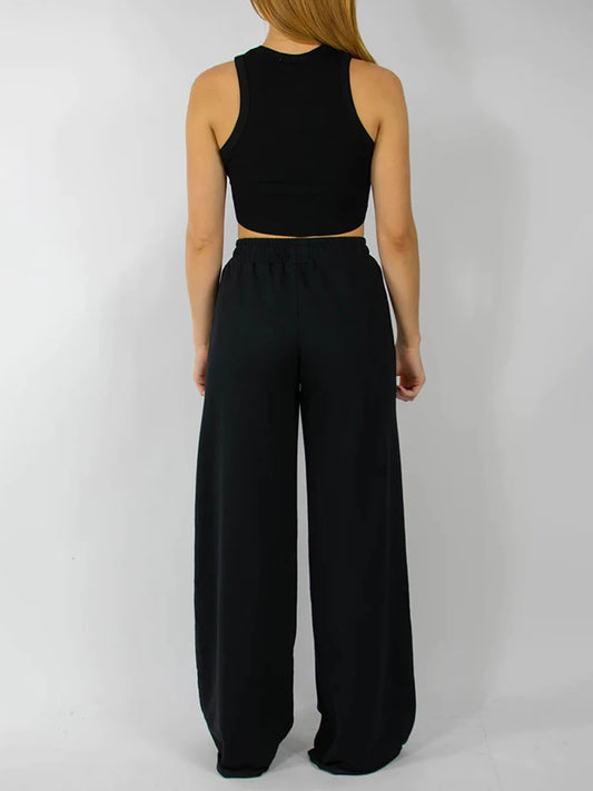 Women s High Waist Wide-Leg Pants in Solid Color Elastic Waistband Loose Fit Casual Fall Sweatpants with Straight Bottoms