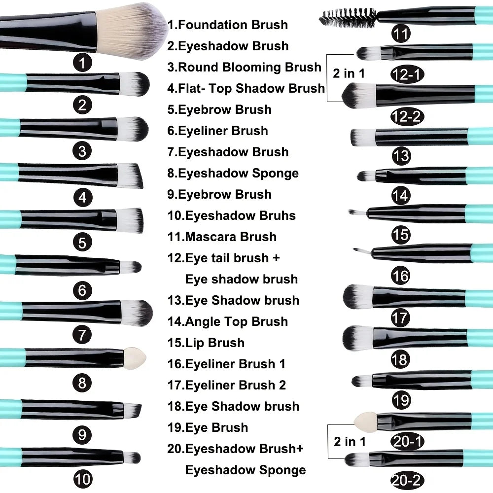 20Pcs Makeup Brush Set Eyeshadow Eyeliner Brushes Foundation Concealers Powder Blush Blending Beauty Tool with Makeup Sponge Kit