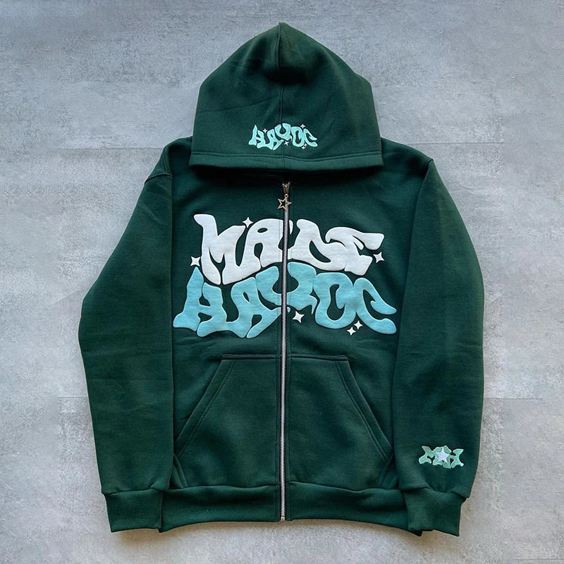 Men Women Hoodie Long Sleeve Letters Print Zipper Closure Sweatshirt Jacket with Pockets