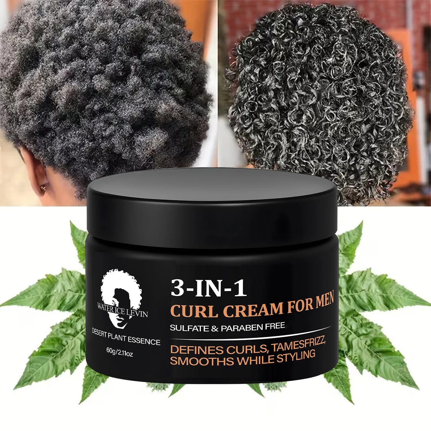 3-IN-1 Men’s Curl Cream: Sulfate/Paraben-Free, Desert Plant Essence, Defines Curls, Tames Frizz & Smooths While Styling Halalzen