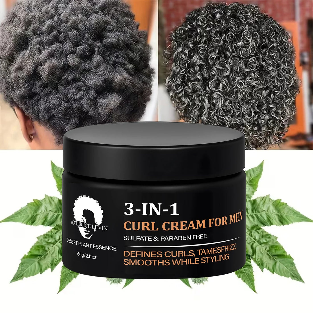3-IN-1 Men’s Curl Cream: Sulfate/Paraben-Free, Desert Plant Essence, Defines Curls, Tames Frizz & Smooths While Styling Halalzen