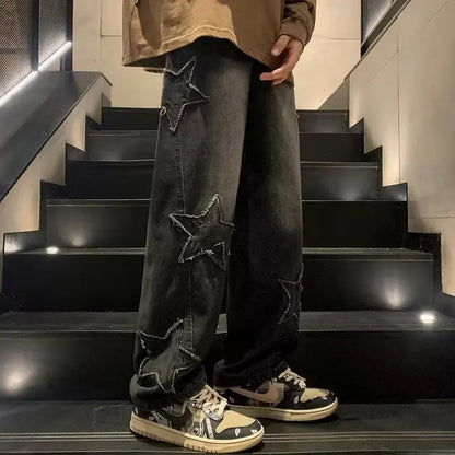 Star Embroidery Straight Casual Men Jeans Neutral Wide Leg Loose Hip-hop Fashion Youth Streetwear Denim Trousers Y2K pants men