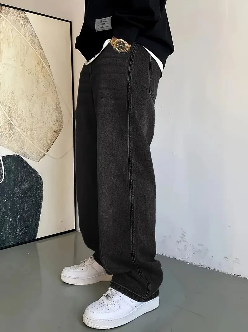 Mens' Fashionable Light Blue Straight Leg Jeans - Loose Fit, Casual Trend, Hip-Hop Street Dance Inspired, Skateboard Cycling Spo