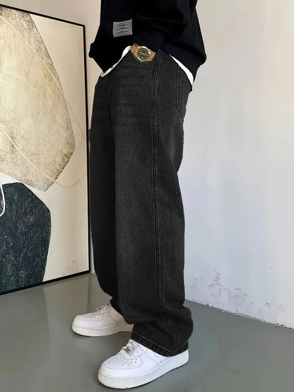 Mens' Fashionable Light Blue Straight Leg Jeans - Loose Fit, Casual Trend, Hip-Hop Street Dance Inspired, Skateboard Cycling Spo