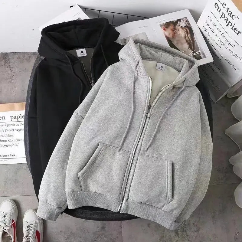Elegant Women Chic Hoodies Fashion Autumn Winter Fleece Long Sleeve Solid Color Hooded Top Casual Office Lady Zipper Sweatshirts