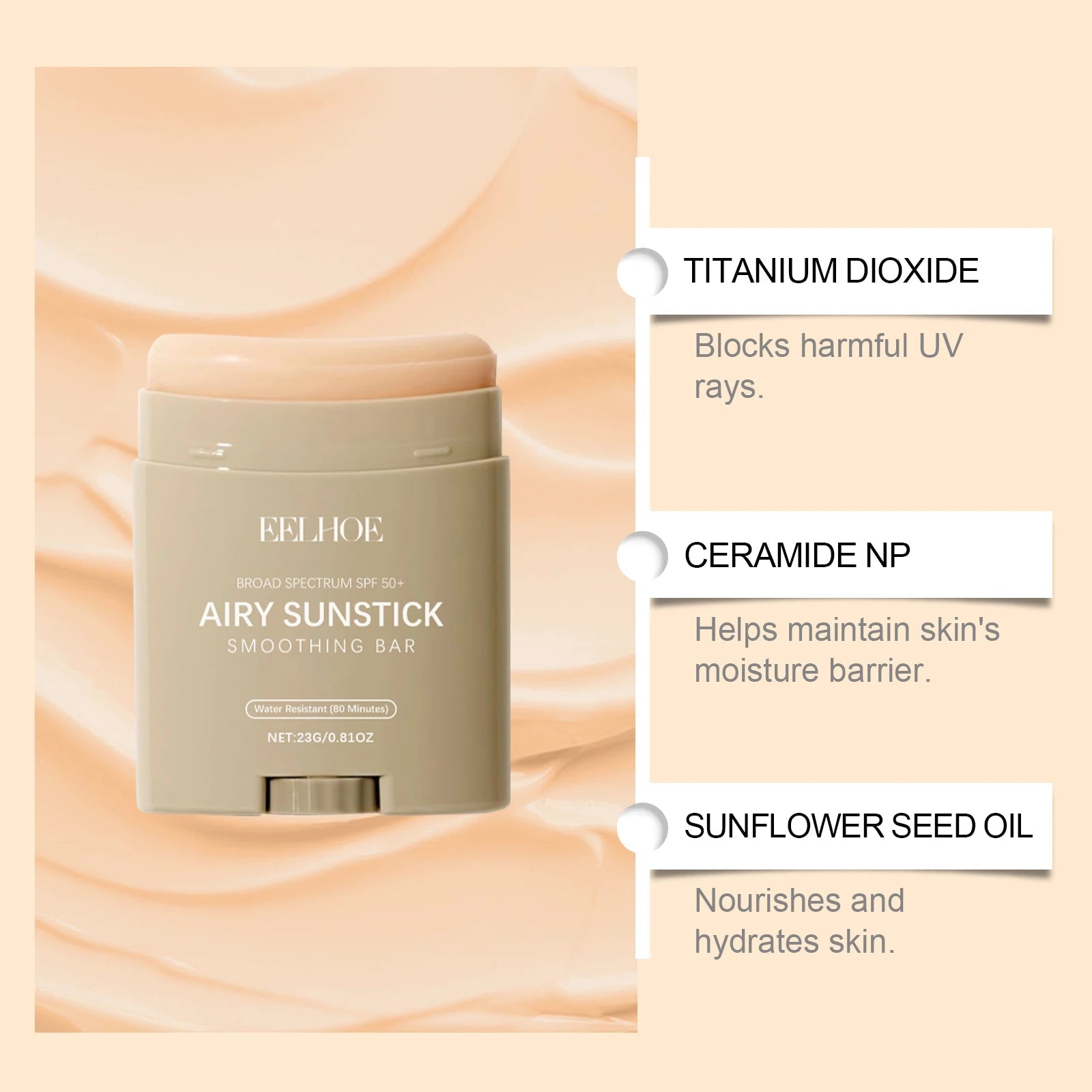 EELHOE 23g Moisturize Airy Sunstick SPF50+ Anti-UV Long-lasting Protector High Coverage Matte Natural Sunscreen Cream Skin Care Halalzen