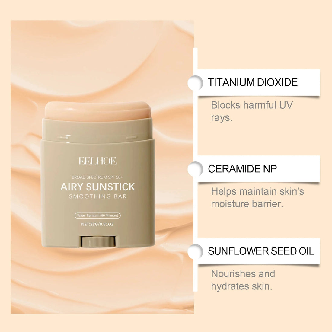 EELHOE 23g Moisturize Airy Sunstick SPF50+ Anti-UV Long-lasting Protector High Coverage Matte Natural Sunscreen Cream Skin Care Halalzen