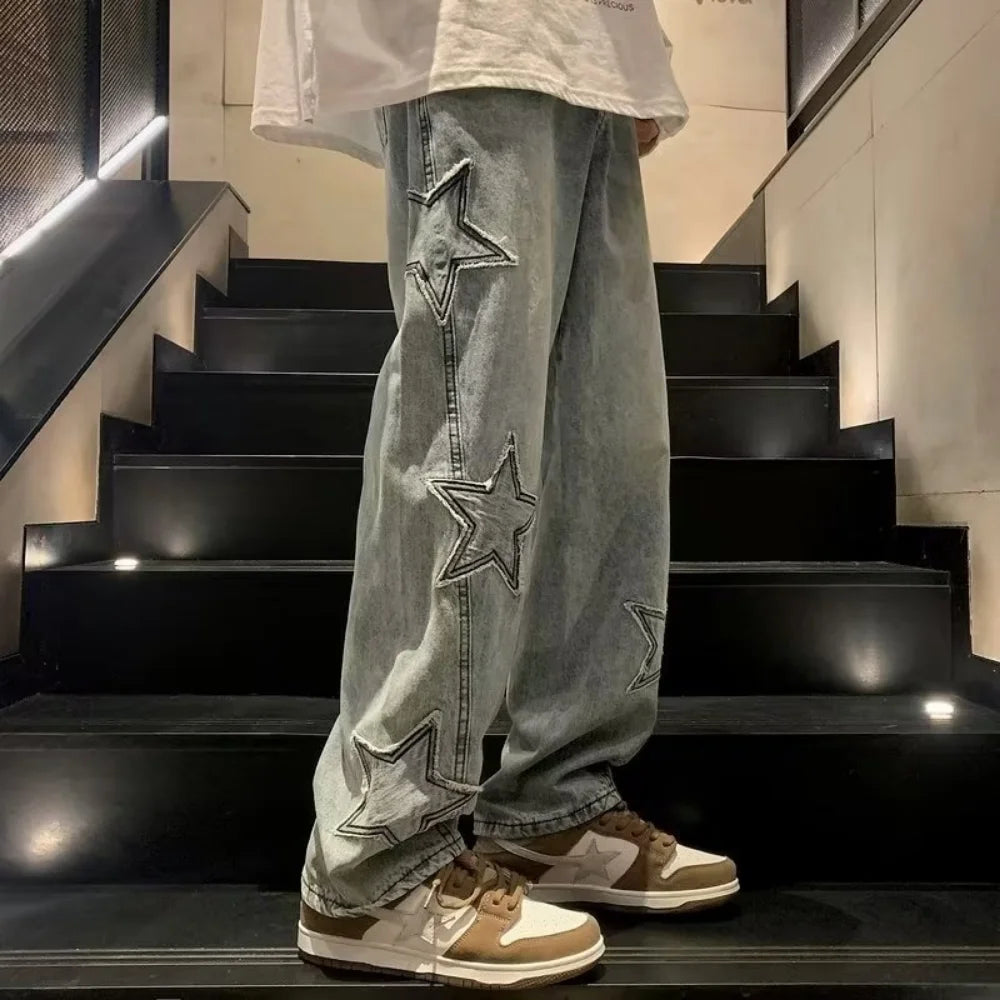 Star Embroidery Straight Casual Men Jeans Neutral Wide Leg Loose Hip-hop Fashion Youth Streetwear Denim Trousers Y2K pants men