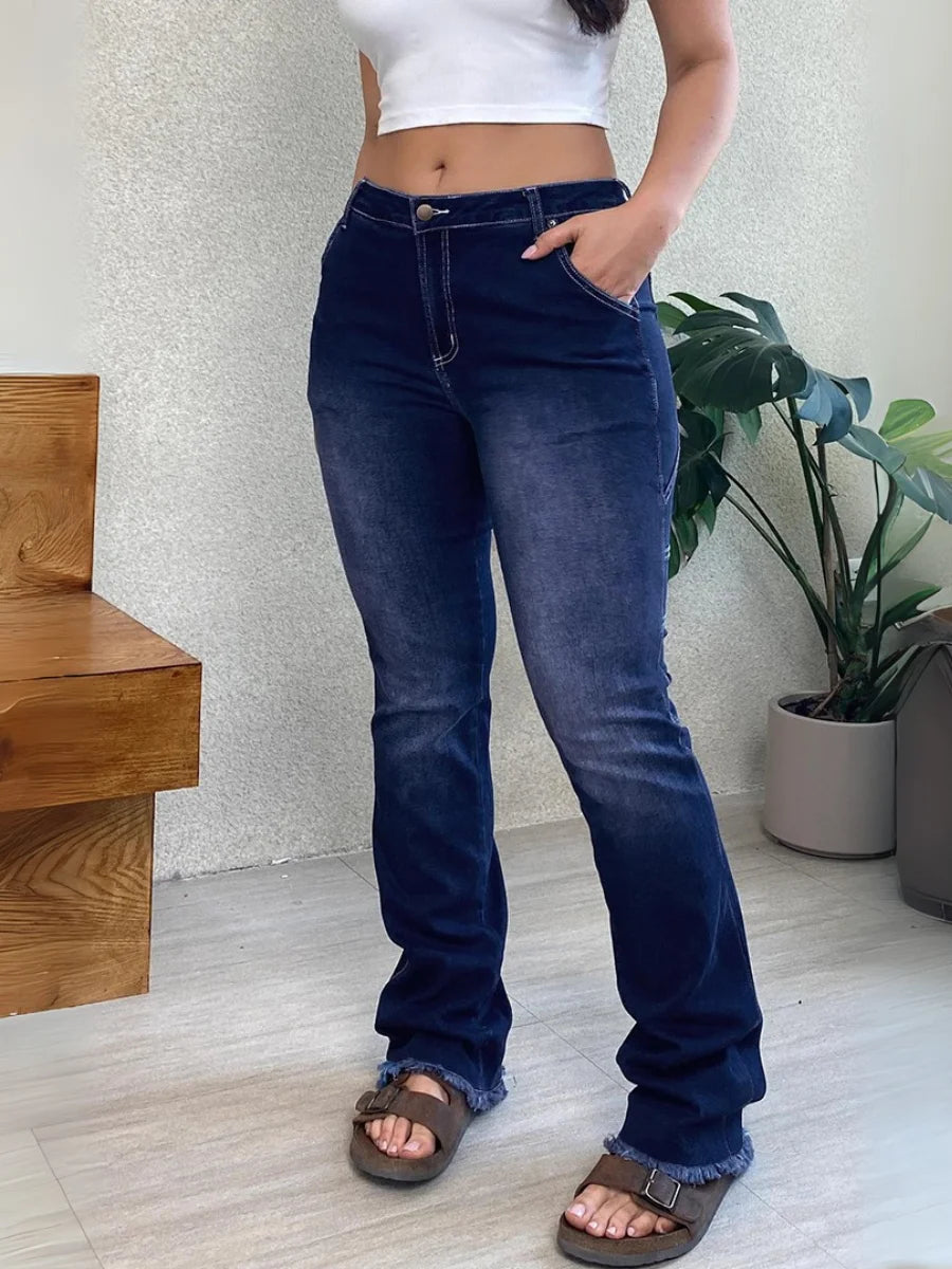 【HME】Women's Stretch Flare Jeans - Vintage Blue Denim Mid-Rise Slim Fit with Slant Pockets & Frayed Hem, No Belt Needed