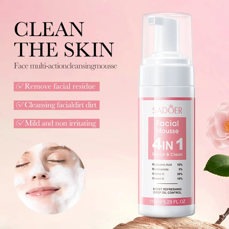 SADOER 4 in 1 Facial Mousse Face Wash Foam Facial Cleanser Moisturizing Whitenting Hydrating Face Cleansing Skin Care Halalzen