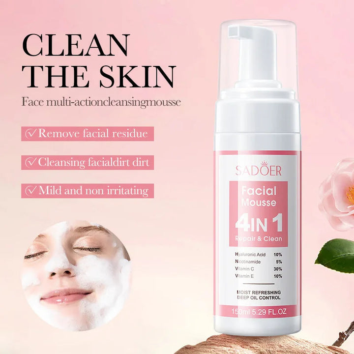 SADOER 4 in 1 Facial Mousse Face Wash Foam Facial Cleanser Moisturizing Whitenting Hydrating Face Cleansing Skin Care Halalzen