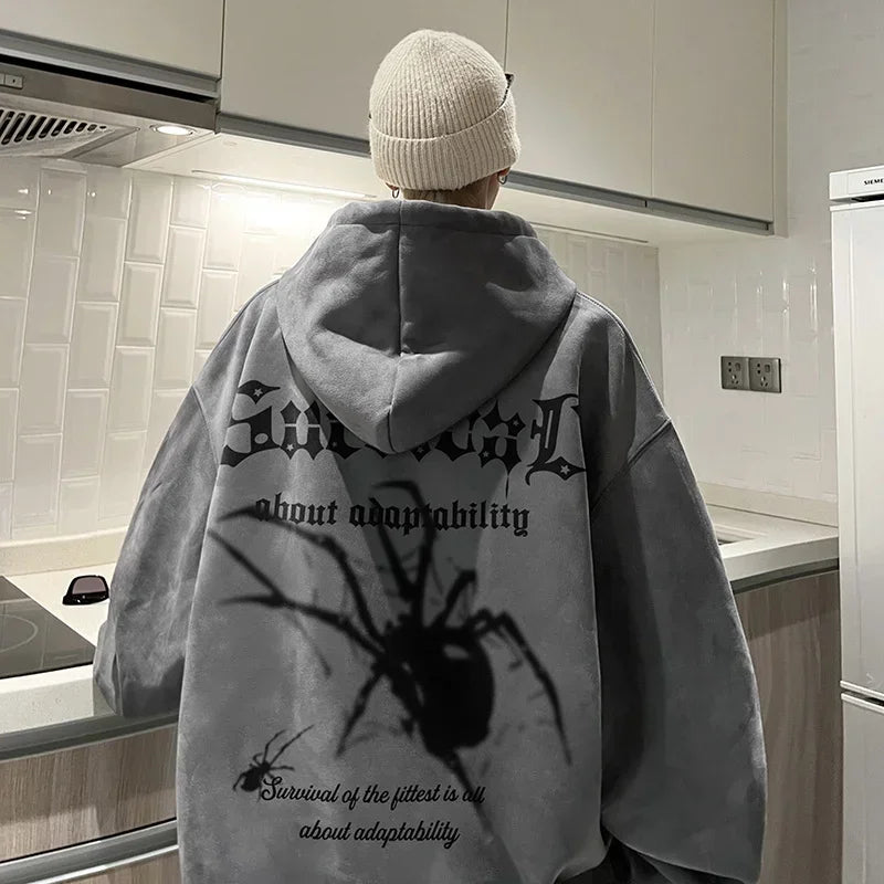 Autumn Gothic Spider Printed Hooded Sweatshirts Hombre Harajuku Streetwear Graphic Suede Hoodies Aesthetic Oversized Y2K Hoody