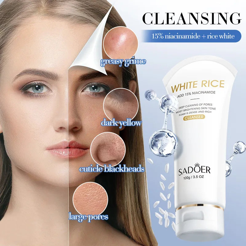 SADOER White Rice Nicotinamide Whitening Facial Cleanser Moisturizing Anti-Aing Anti Wrinkles Face Wash Foam Cleanser Skin Care Halalzen