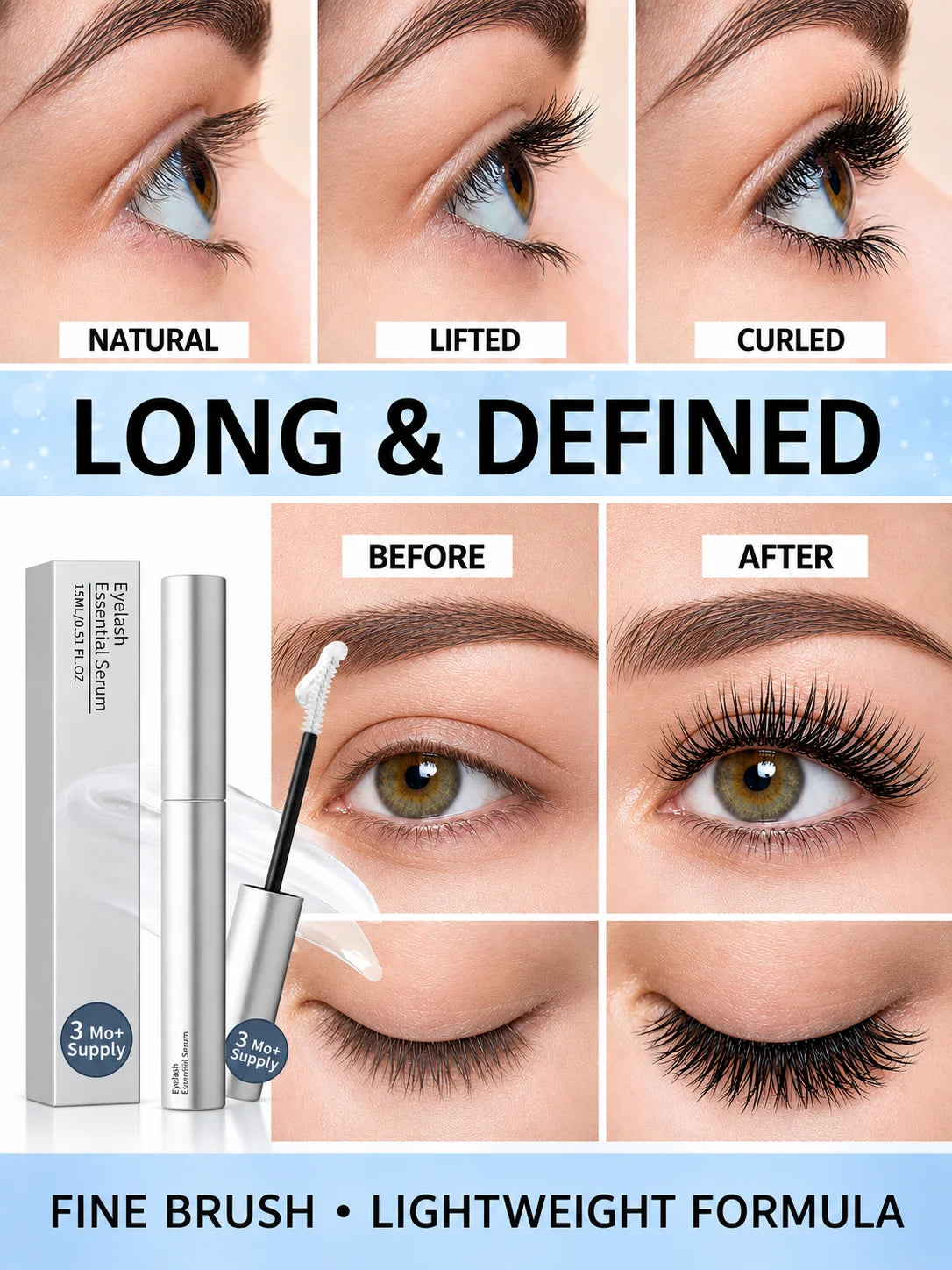 Fast Natural Curling Eyelash Essence – Precision Brush for Defined Eye Makeup, Lightweight Hydrating Formula, Daily Lash Care