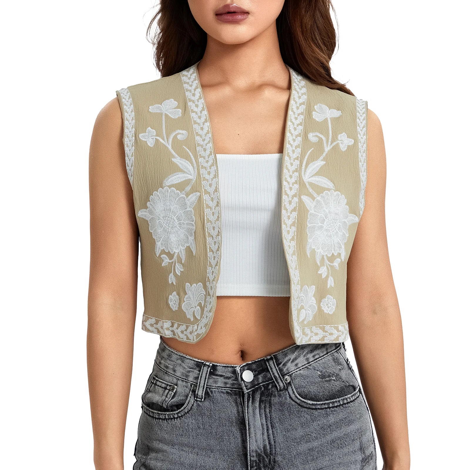 Sleeveless Embroidered Floral Vest with Open Front Design Stylish Outwear Gilet for Women s Casual Streetwear Collection