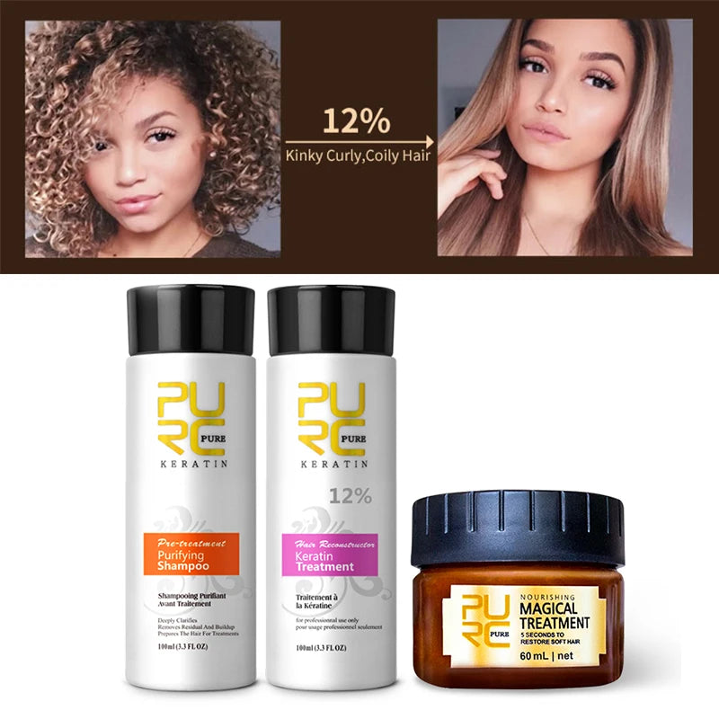 PURC Brazilian Keratin Treatment Cream Straightening Smoothing Hair Mask Sets Repair Damaged Frizz Dry Hair Care for Women 3pcs