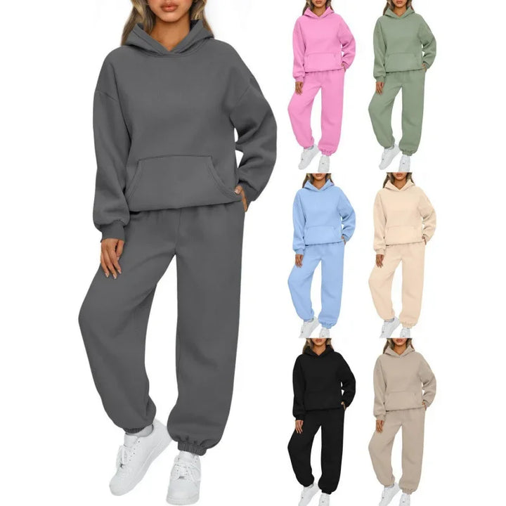 Fashionable Pure Color Autumn Winter Women's Two-Piece Set Casual Hoodie Sportswear Long Pants Ensemble Polyester Fiber