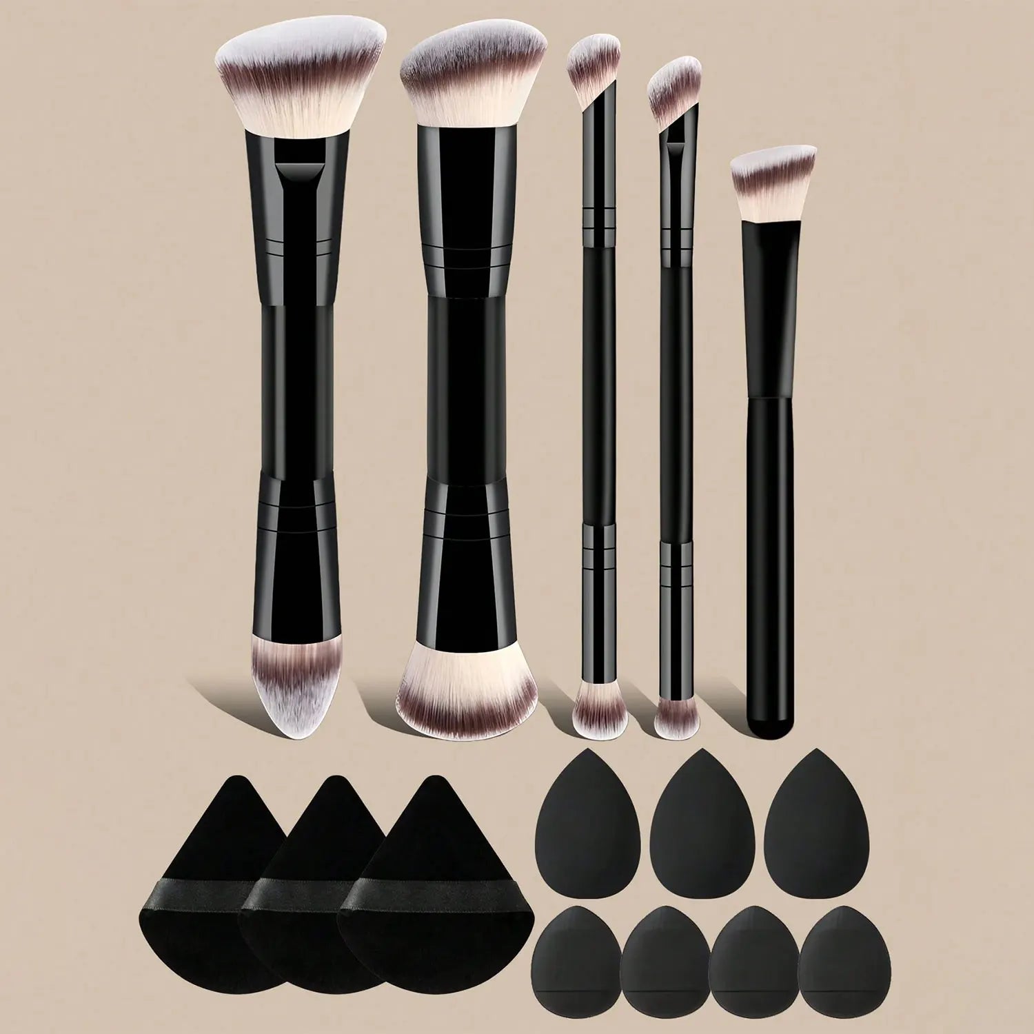 Makeup Brush Set with Sponges and Puffs, 5/7/12/15-Piece Travel Beauty Tools for Foundation, Powder, Blush and Eyeshadow