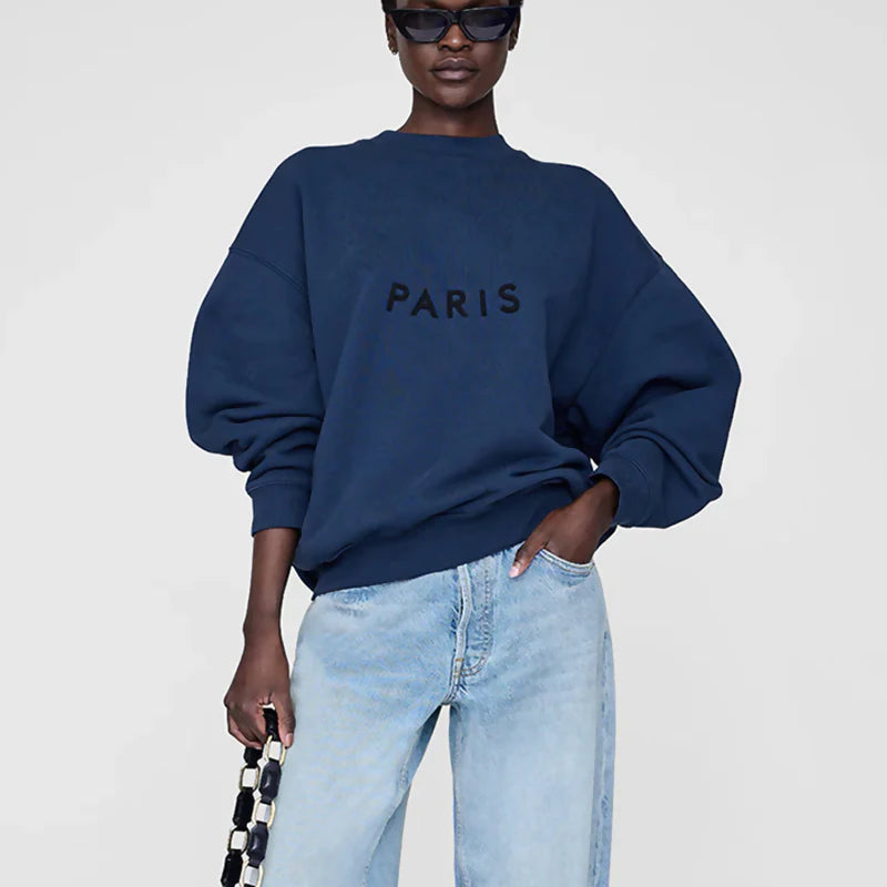 Autumn and winter new North American niche AB front felt patch embroidered fleece women's plus fleece round neck sweatshirt