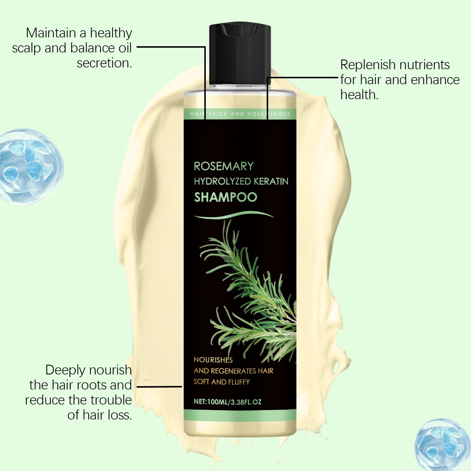 Rosemary Oil Shampoo Hair Growth Prevent Hair Loss Volumizing Hydrolyzed Keratin Nourishing Moisturizing Deep Clean Scalp Care