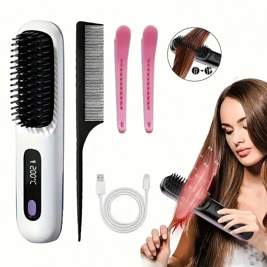 Portable Wireless Hair Straightener Comb, USB Rechargeable Straightening Brush with 3 Speed Temperature Control, Negative Ion Technology, LED Display, Lightweight Travel Hair Straightener with Comb and Clip Included
