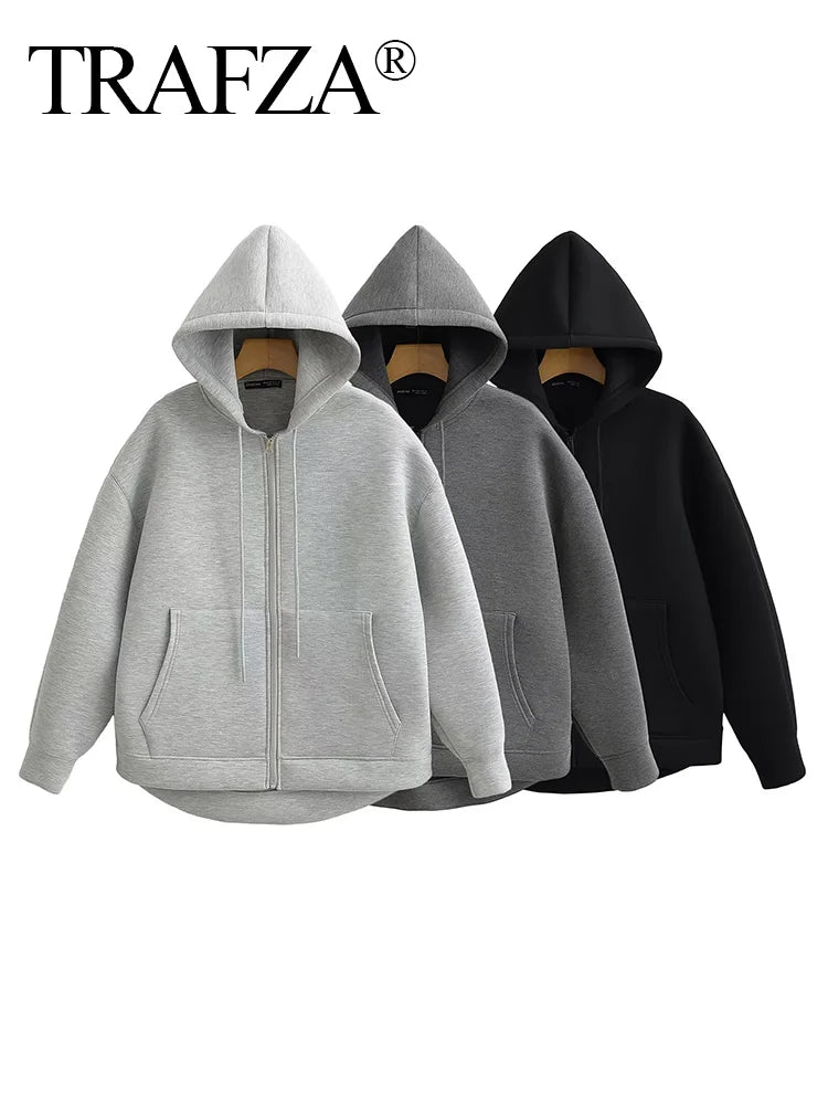 TRAFZA 2025 Casual Women's Soild Zipper Hoodie Long Sleeve Big Pocket Zipper Jacket With Hood Female Loose Outerwear Coat Tops