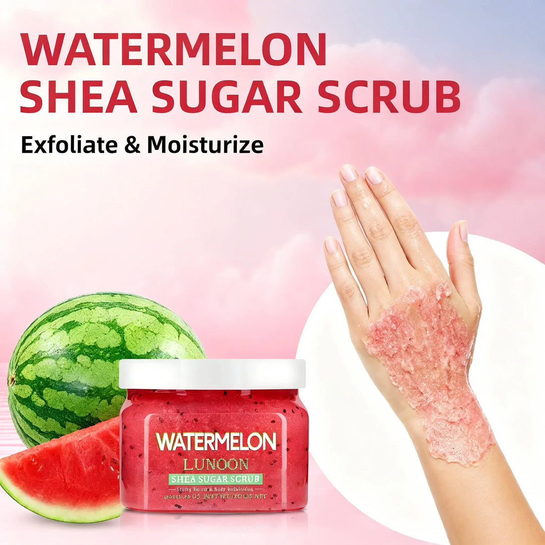 Watermelon Shea Butter Sugar Scrub 150g - Natural Exfoliator for Smooth, Hydrated Skin on Elbows, Knees, Back & Legs.