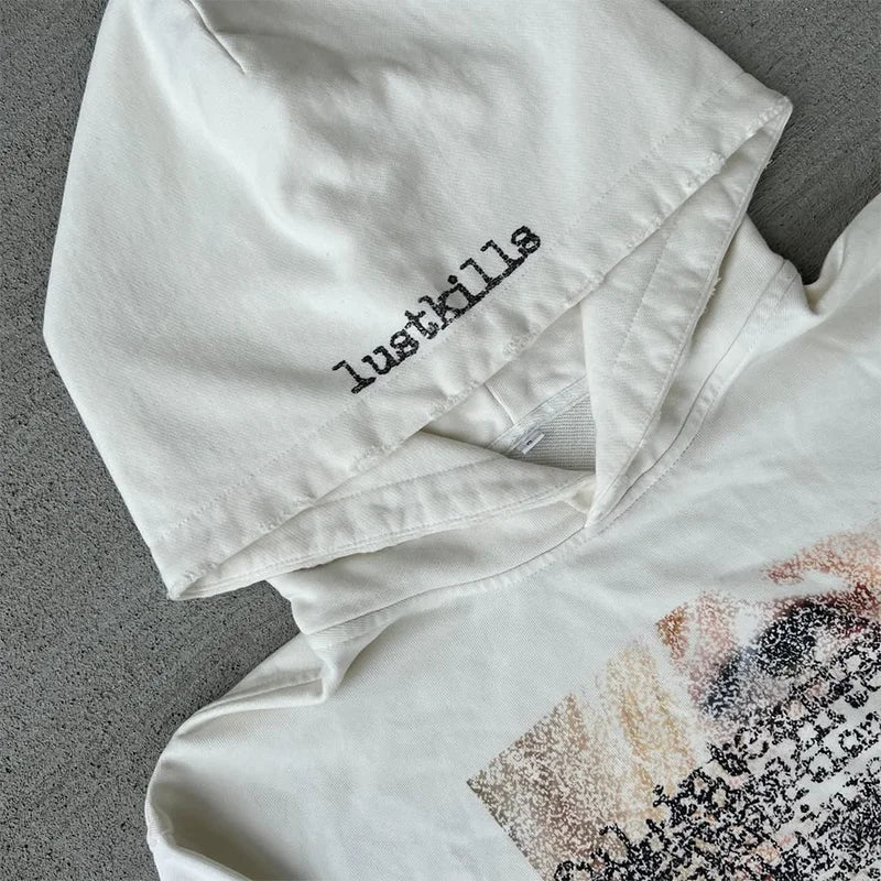 Artistic Design Patterns Printing Casual Loose White Distressed Pullover Hoodie Y2K Fashion Men Women Versatile Trend Streetwear