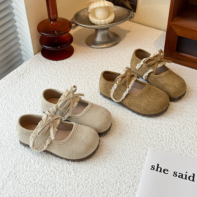 Girls Leather Shoes 1-16 Years Old Khaki Lace Lace Bow Girls Bir Princess Shoes Four Seasons Lightweight Children's ken Shoes